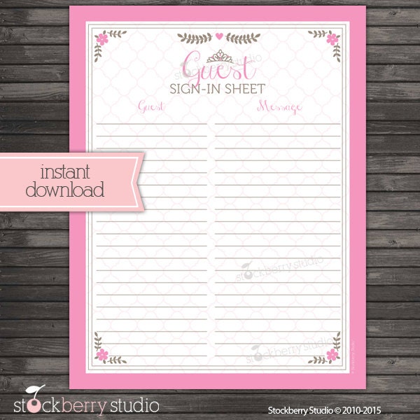 Princess Baby Shower Guest Book Sign In Printable Instant