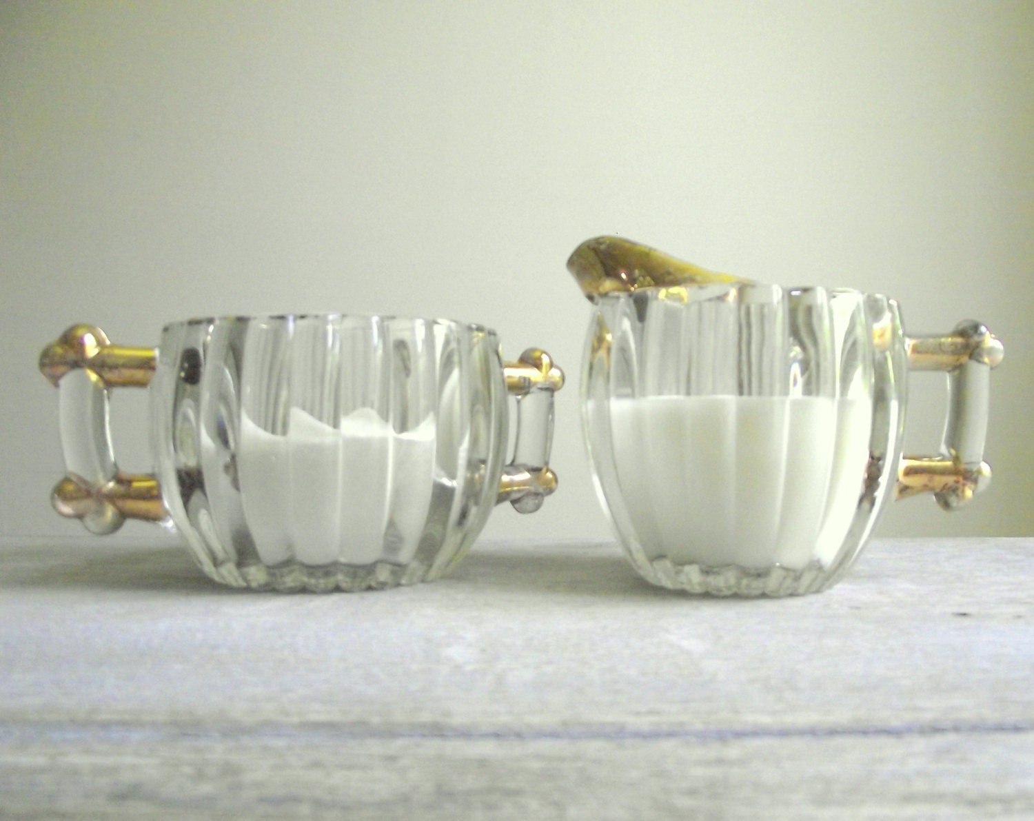 Jeannette Cream And Sugar Set Pressed Glass With Gold Creamer And Open Sugar Bowl Vintage