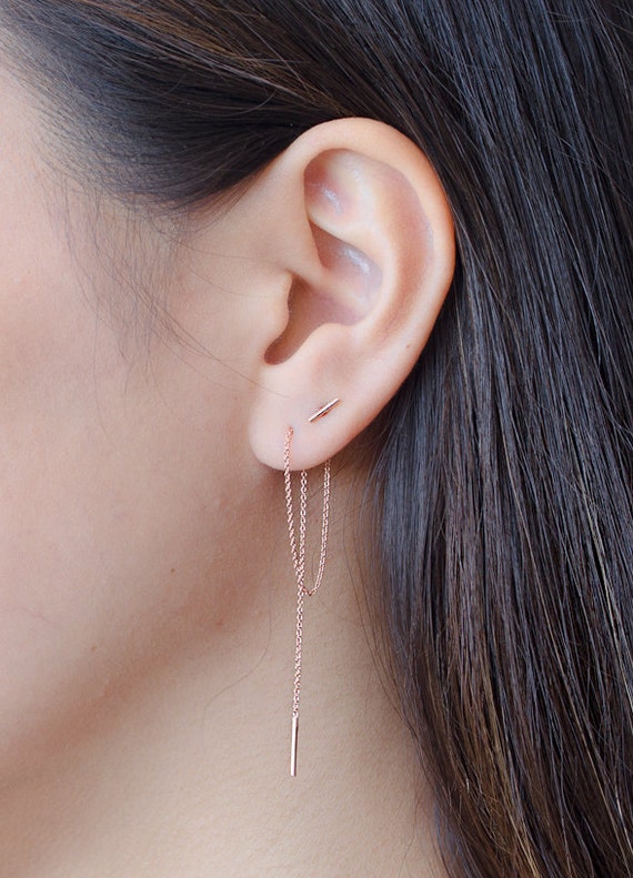 Rose Gold Threader Earrings Long Gold Chain by lunaijewelry