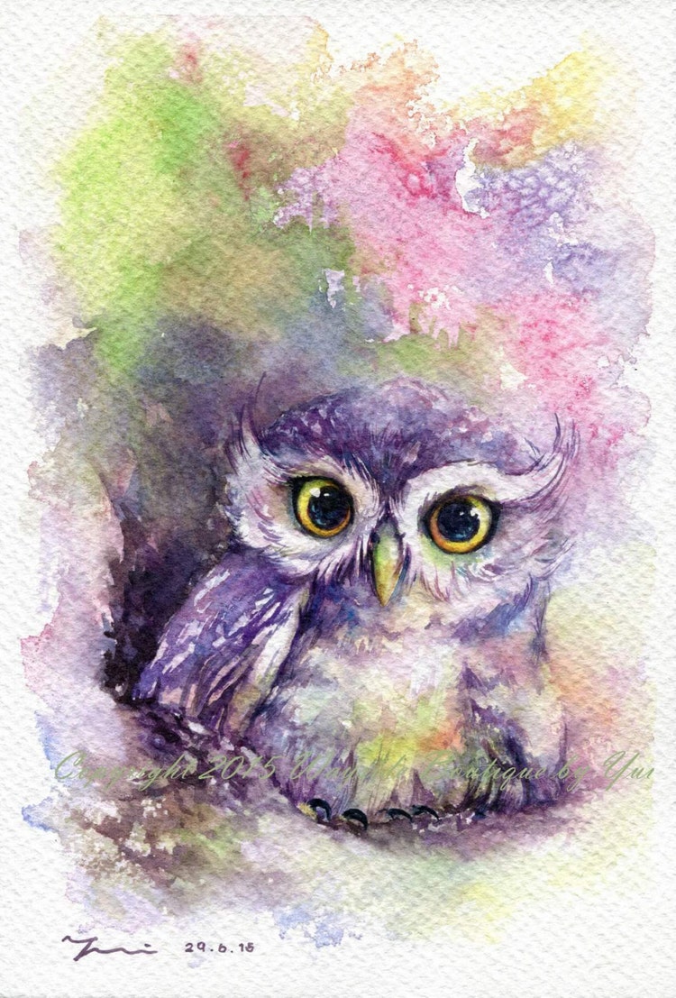 PRINT Rainbow Owl Watercolor painting 7.5 x 11 by WaysideBoutique