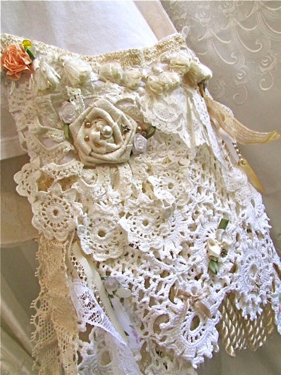 Victorian Cottage Bag, shabby and chic, white creme ivory wedding bag laces doilies beads buttons embellished, small shabby lace bag