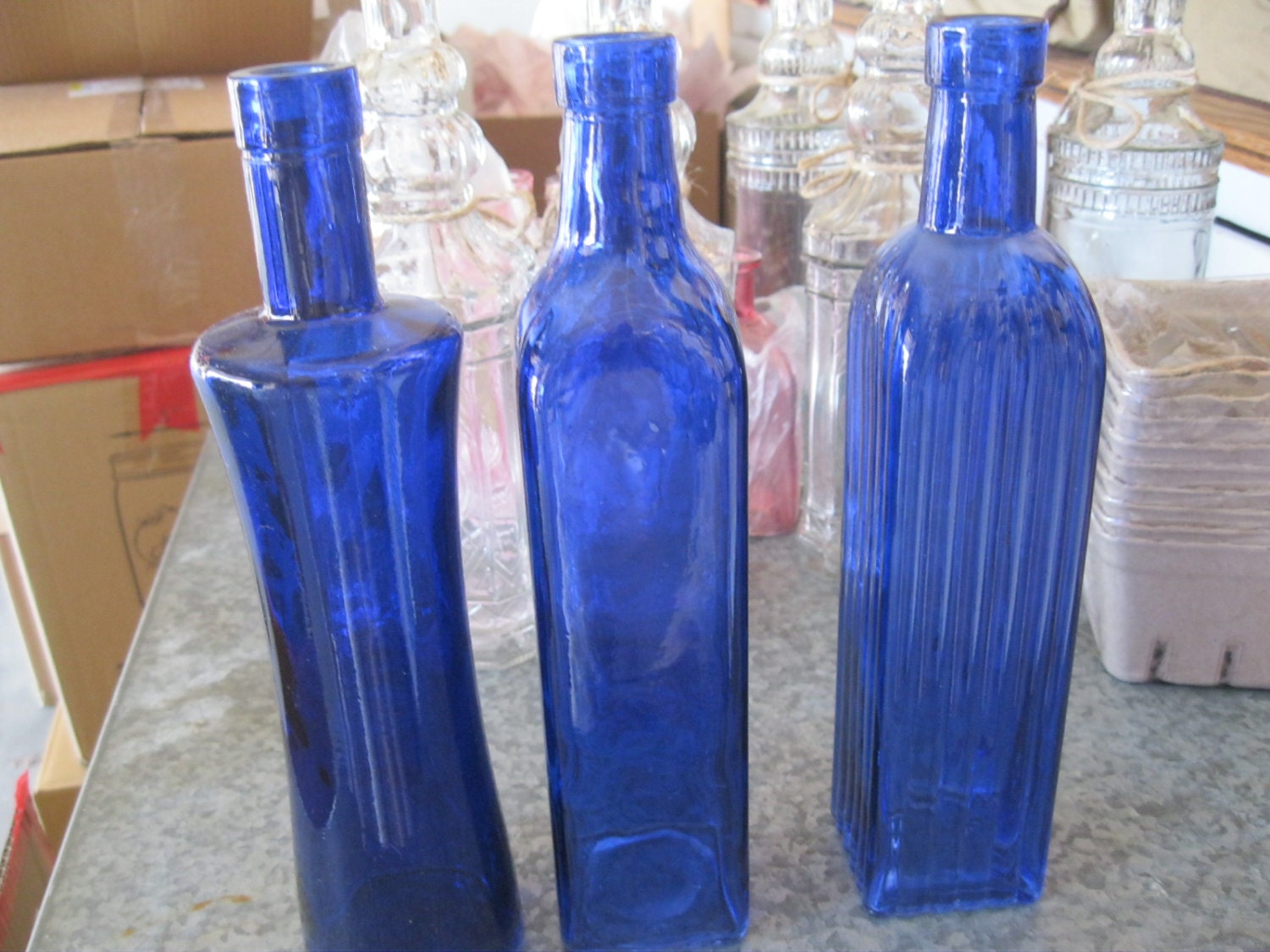 3 COBALT / bLUE Decorative Colored glass bottles floral Bud