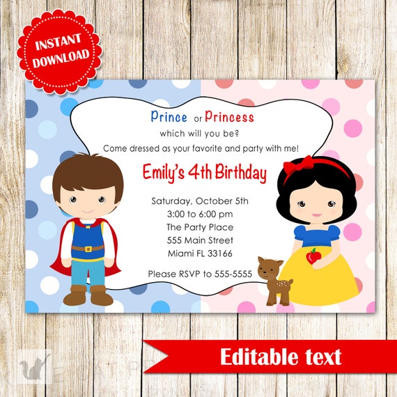 Prince and Princess Invitation Printable Kids Birthday Party