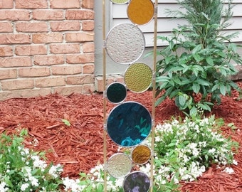 Stained glass garden art stake dark aqua chartreuse amber purple teal green outdoor modern garden sculpture