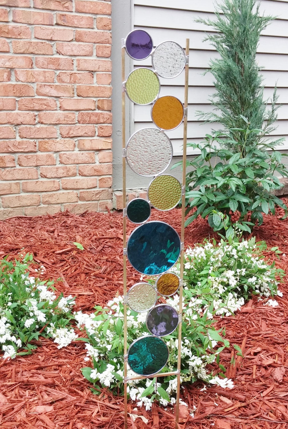 Stained glass garden art stake dark aqua chartreuse amber