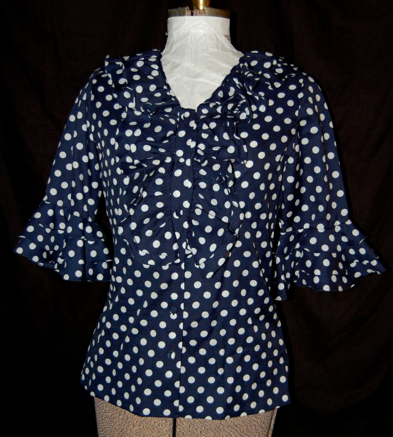 vintage polka dot blouse navy white ruffle blouse 60s top