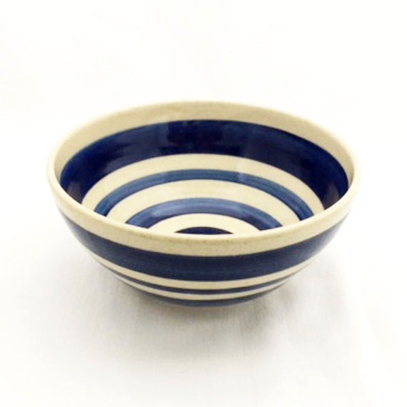 Blue and White Striped Ceramic Bowl Cereal Bowl by Juliesceramics