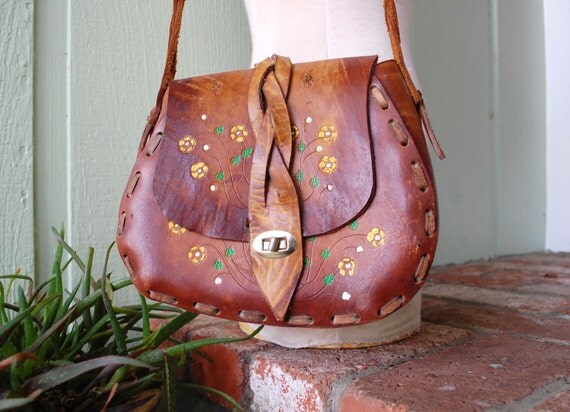 Vintage Purse Mexican Brown Leather Floral Flower Power Hippie