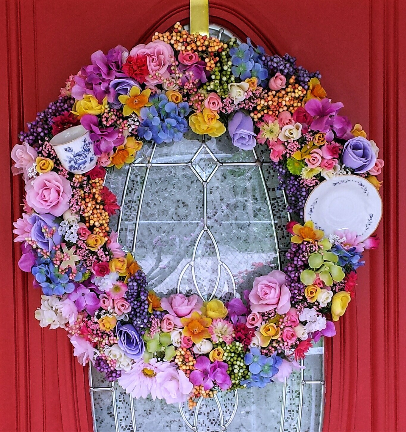 China Teacup wreath faux berries pink yellow purple roses.