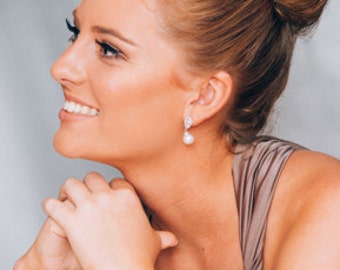 Pearl Drop Wedding Earrings, Cubic Zirconia Bridal Earrings, Simple Pearl Drop Bridal Earrings, Mother of the Bride