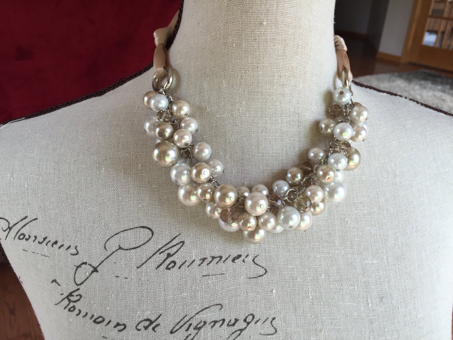 champagne/ivory/white with champagne crystals.-wedding jewelry, bridesmaids necklace