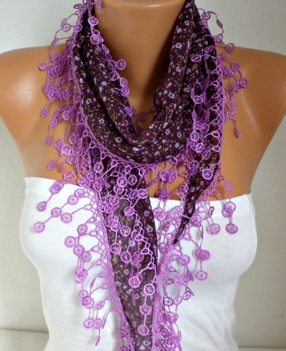 Lilac Floral Scarf Shawl Necklace Cowl Scarf by fatwoman on Etsy