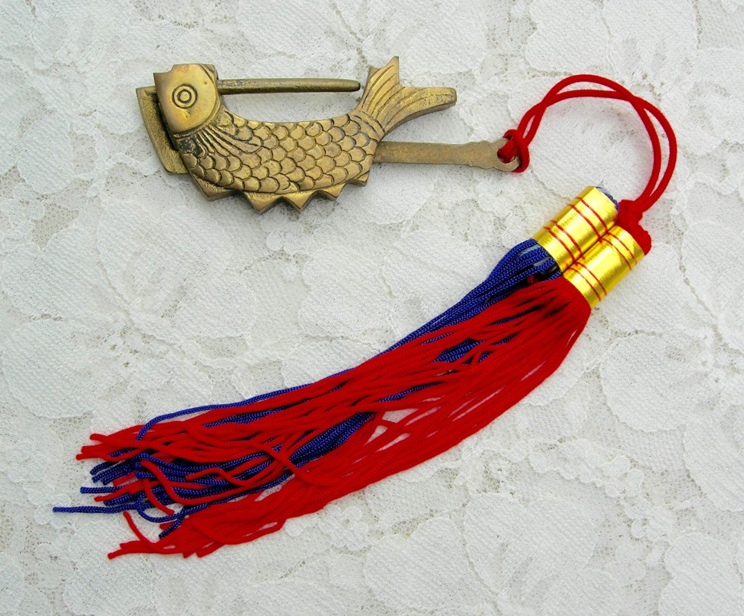 Old Chinese Brass Fish Lock with Tassels working by SandraDestash
