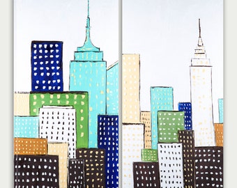 Original Abstract Art, Urban Modern Painting, Colorful Impasto, Textured Painting, Home Decor, Oil On Canvas, Two Canvas City Skyline
