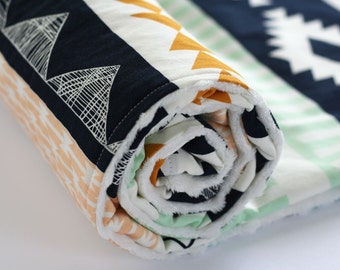 Arizona Aztec Minky Baby Blanket, Fitted Crib Sheet, Changing Pad Cover, Peach Gold Mint Navy Nursery Bedding, Arrows Arid Horizon