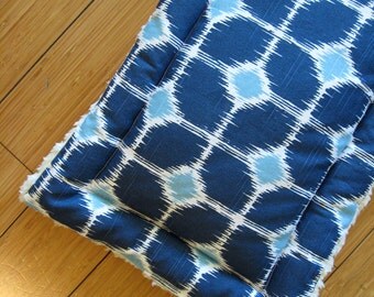 Dog Crate Mat, Pad, Cushion, XS 13"x22", Navy, Baby Blue, & White Geometric Ikat Print with Fleece Lining