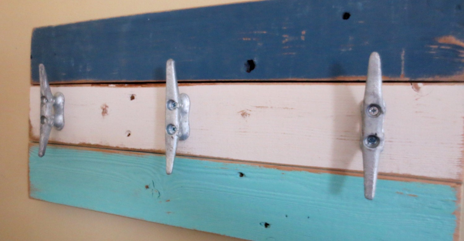Boat Cleat Towel Hooks Nautical Coat Rack Turquoise White Blue