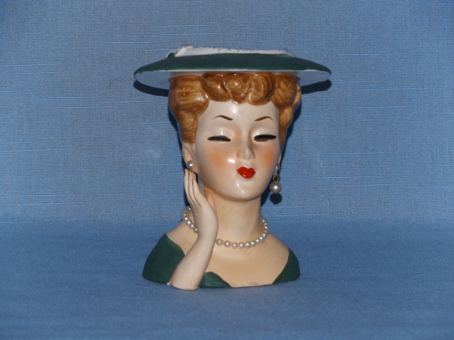 Vintage Lady Head Vase with Hand Up / Pearl by jandhcollectibles