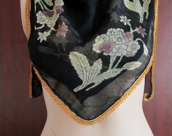 Black Grandmother SHAWL, Cream Floral Cotton Scarf,Bridal Scarf,Authentic, Romantic, Fashion, 1985s Vintage Scarf
