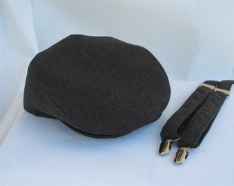Charcoal Gray Newsboy Flat Cap and Suspenders Set, Toddler Ring Bearer Charcoal Driving Hat, Gray Toddlers Flat Cap, Gray Wedding Suspenders