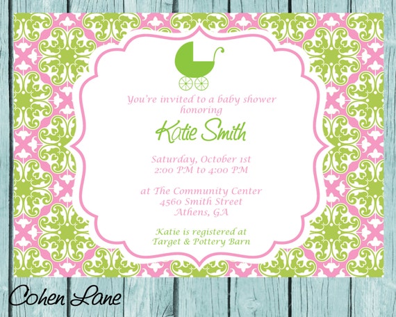 Printable Pretty in Pink and Green Baby Shower Invitation Il_570xn