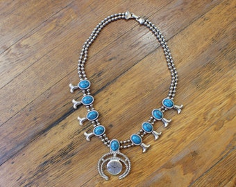1970's Squash Blossom NECKLACE / Faux Turquoise Jewelry / Southwest Naja Watch Necklace