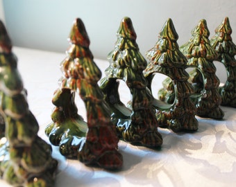 Vintage Christmas tree ceramic napkin rings, Christmas tree napkin holders, pine tree holiday decorations,