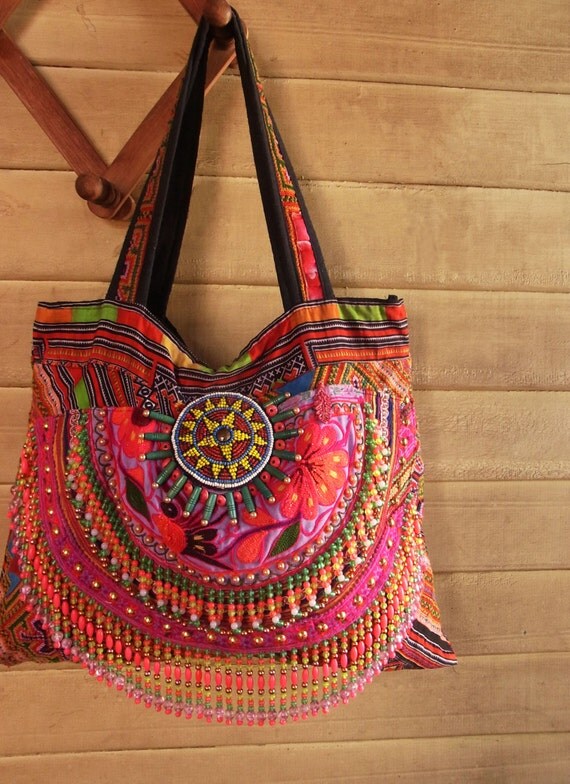 Hmong boho Fringe Tote Bag /// hippie // embroidery // tribal