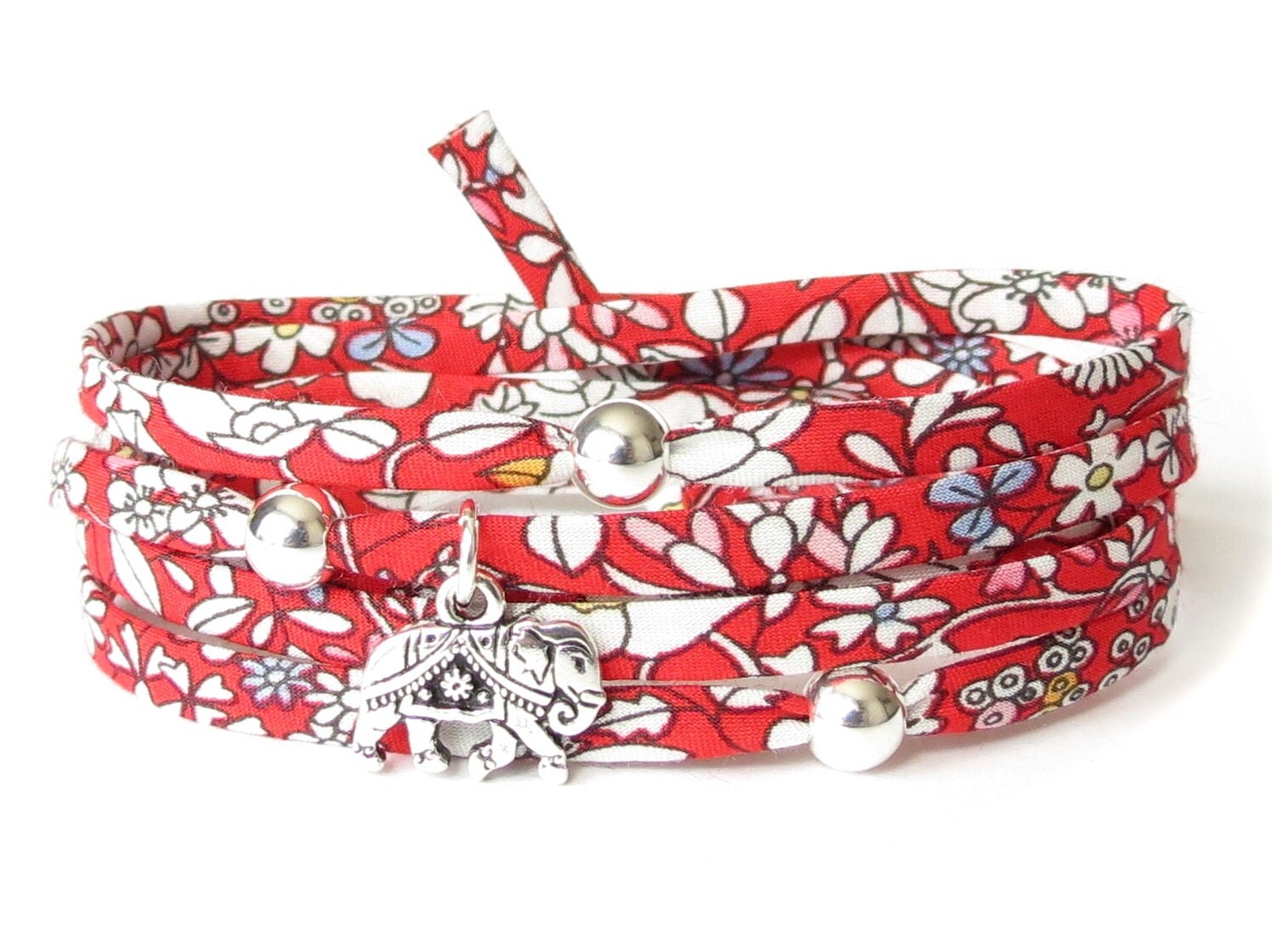 Elephant bracelet with Liberty fabric in red and white
