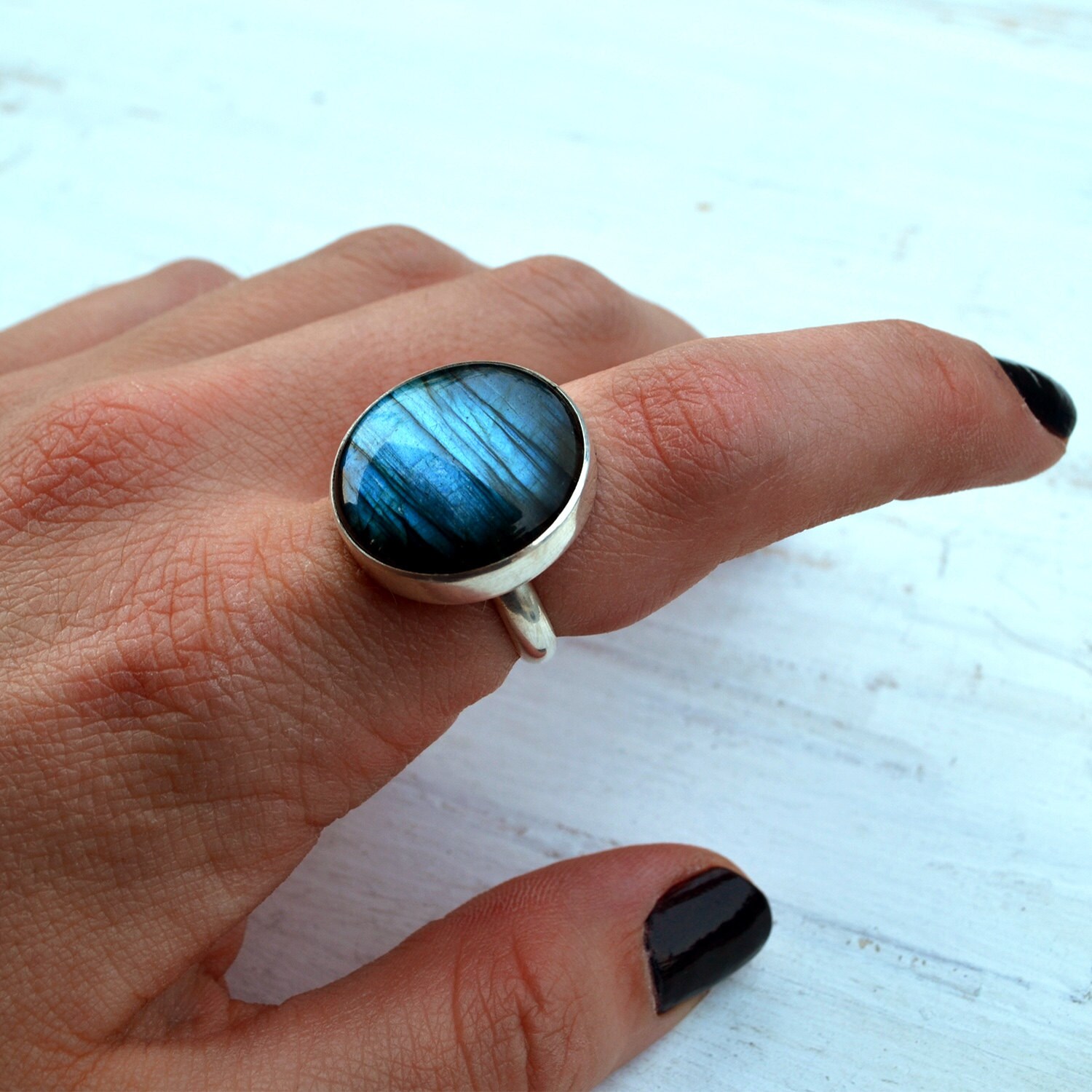 Northern Lights Labradorite Ring Round Gemstone Ring