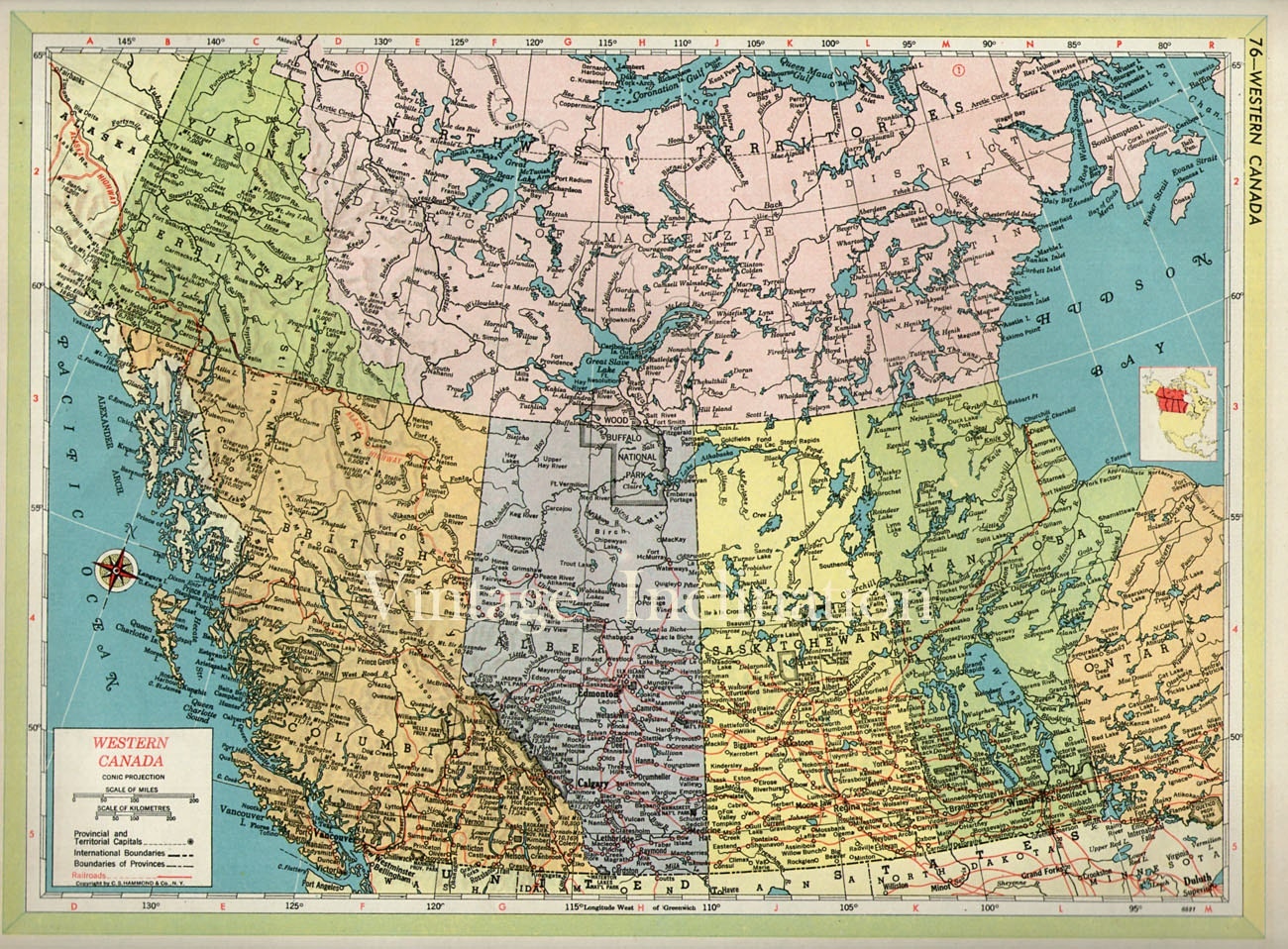 Vintage WESTERN CANADA Map 1940s original