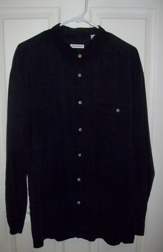Vintage Men's Black Silk Collarless Shirt by Burma Bibas
