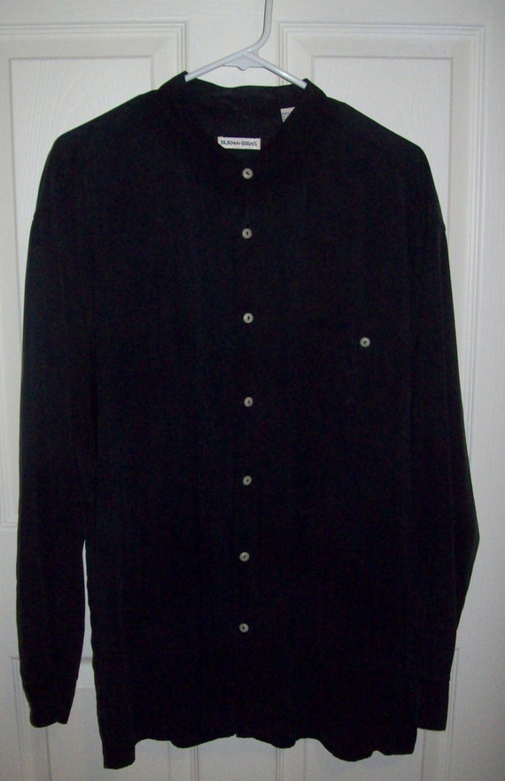 Vintage Men's Black Silk Collarless Shirt by Burma Bibas