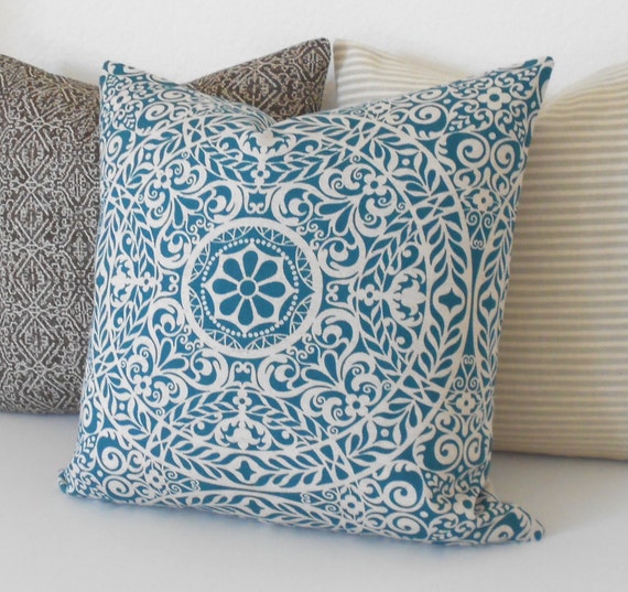 Dark teal and tan medallion decorative pillow cover