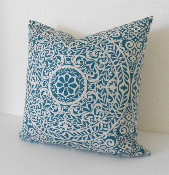 Dark teal and tan medallion decorative pillow cover