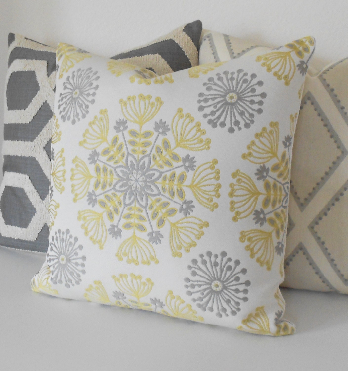 Yellow and gray floral medallion decorative throw pillow cover