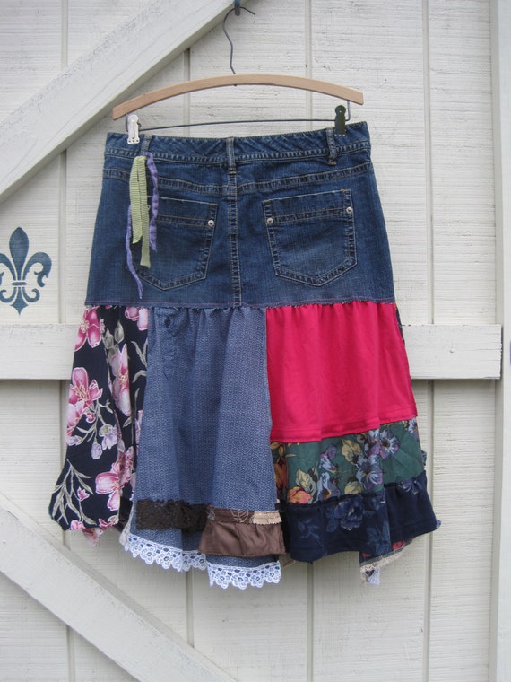 Boho patchwork skirt M Tattered skirt patchwork skirt denim