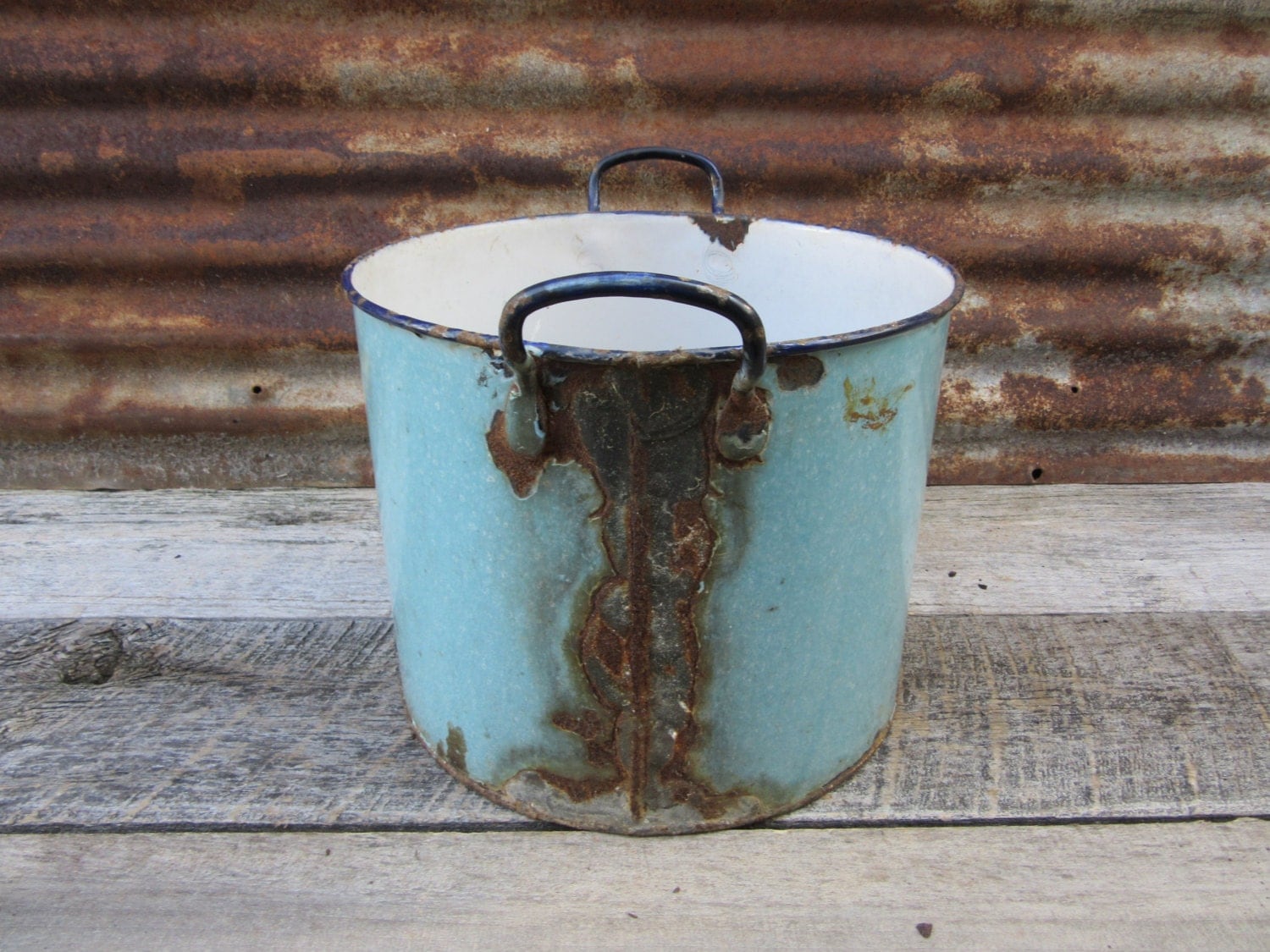 Antique Kitchen Cooking Pot Blue Porcelain Enamel Over Metal