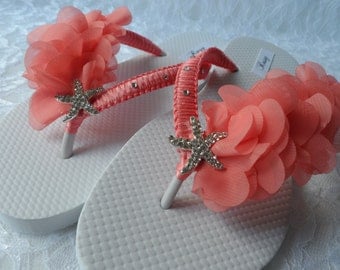 Coral Bridal Flip Flops / Beach Wedding Flip Flops / Rhinestone Flip Flops / Coral Chiffon Leaf Flip Flops./ Bridesmaids.