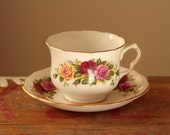 Old English Rose vintage tea cup and saucer set with yellow, pink and red roses - English bone china teacup - british tea - rustic style uk