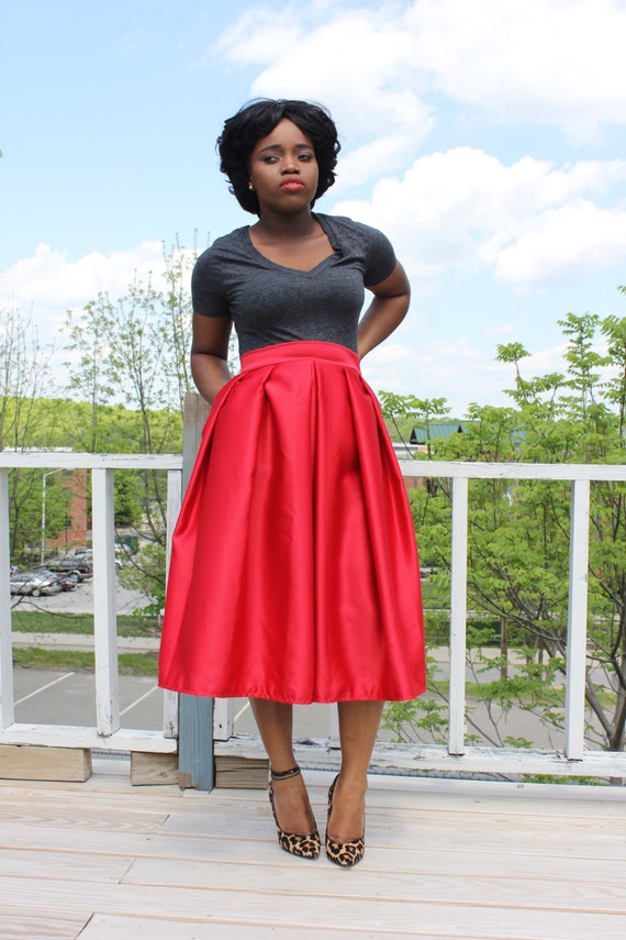 Dark Red Midi Skirt With Pockets available in 12 colors