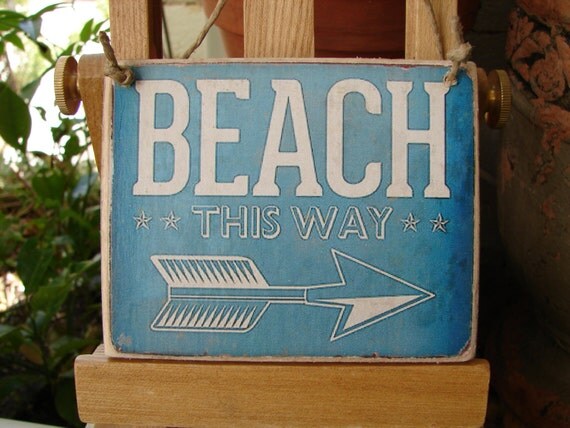 tiny Beach This Way sign image sealed onto wood with string