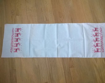 Hand sewn cross stitch Christmas reindeer table runner