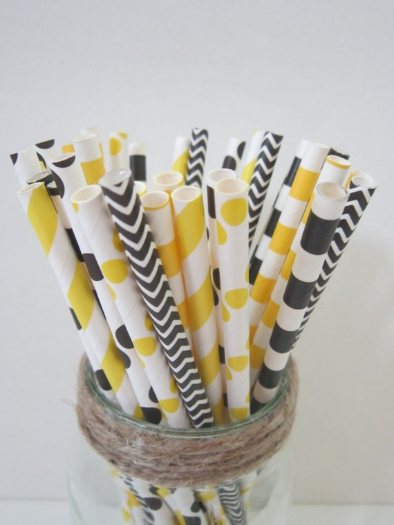 Black & Yellow Paper Party Drinking Straws ~ Wedding ~ Baby Shower ~ Bee Party ~ Set of 24 or 48 Il_570xn