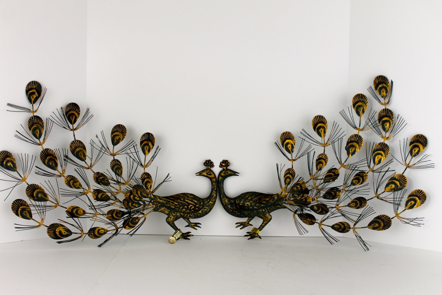 Vintage Mid Century Peacock Wall Hanging Gold and Forest