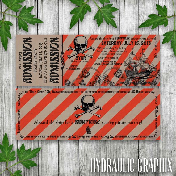 Pirate Birthday Party Ticket Invitation, Printable Ticket Invitation, Skull Invitation, Pirate Party Invitation, Adult or Kids Birthday Il_570xn