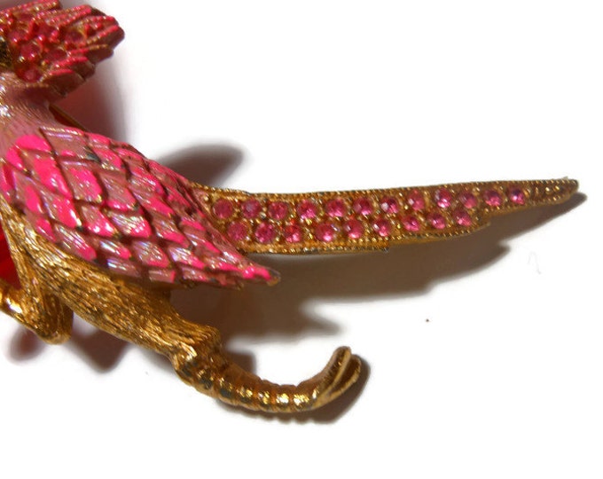 FREE SHIPPING Ultra roadrunner brooch, adorable in textured gold tone with pink enamel wings and pink rhinestone tail and plume