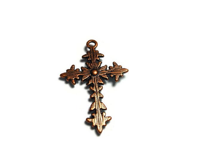 FREE SHIPPING Green cross pendant, mint green enamel flowers on copper base with black rhinestone center, floral cross