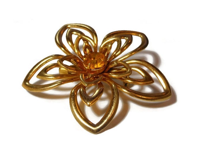 FREE SHIPPING 1940s Coro brooch, gold open work petals on this floral brooch with amber rhinestone faceted center, statement piece