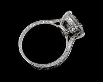 Antique Art Deco Engagement Ring, Hand Engraved Engagement Ring, 2CT Round Forever One Moissanite Proposal Ring,Pave Set Diamond Bridal Ring